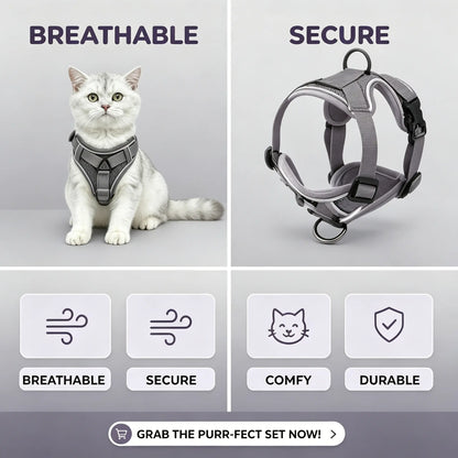 Adjustable Escape-Proof Cat Harness and Leash Set with Reflective Strip and Soft Mesh Vest for Safe and Comfortable Walking, Includes Summer Version