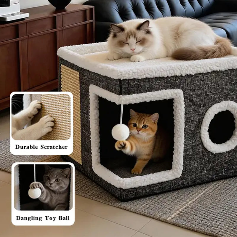 Large Indoor Cat Bed - Plush Foldable Cat Cave with Sisal Scratch Pad and Hanging Fluffy Ball, Dimensions: 16.5" x 16.5" x 14", Color: Grey