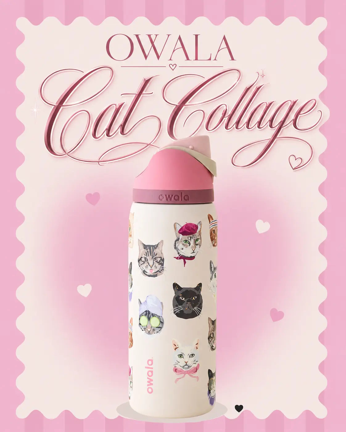 Owala 32oz Insulated Water Bottle in Pink Cat Collage Design with Matching Pink Lid