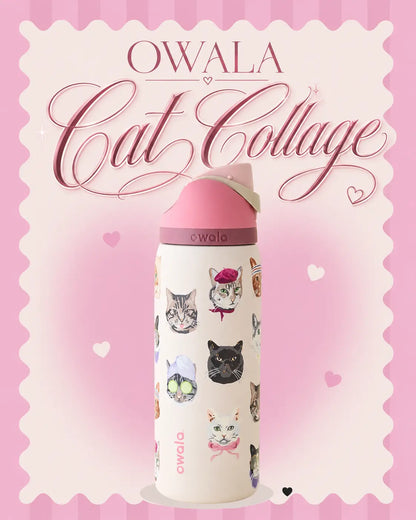 Owala 32oz Insulated Water Bottle in Pink Cat Collage Design with Matching Pink Lid