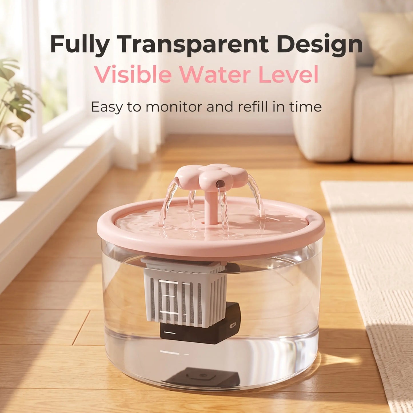 Cat Water Fountain Dispenser with Transparent Design, Quiet Operation, USB Power, and Recirculating Filter for Indoor Use