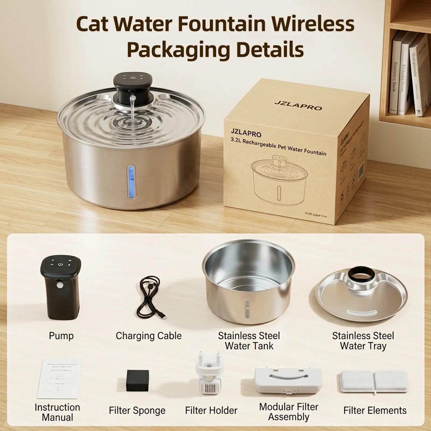 Stainless Steel Automatic Pet Water Fountain, 3.2L Wireless Dispenser with Sensor for Cats and Dogs