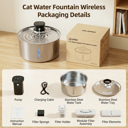 Stainless Steel Automatic Pet Water Fountain, 3.2L Wireless Dispenser with Sensor for Cats and Dogs