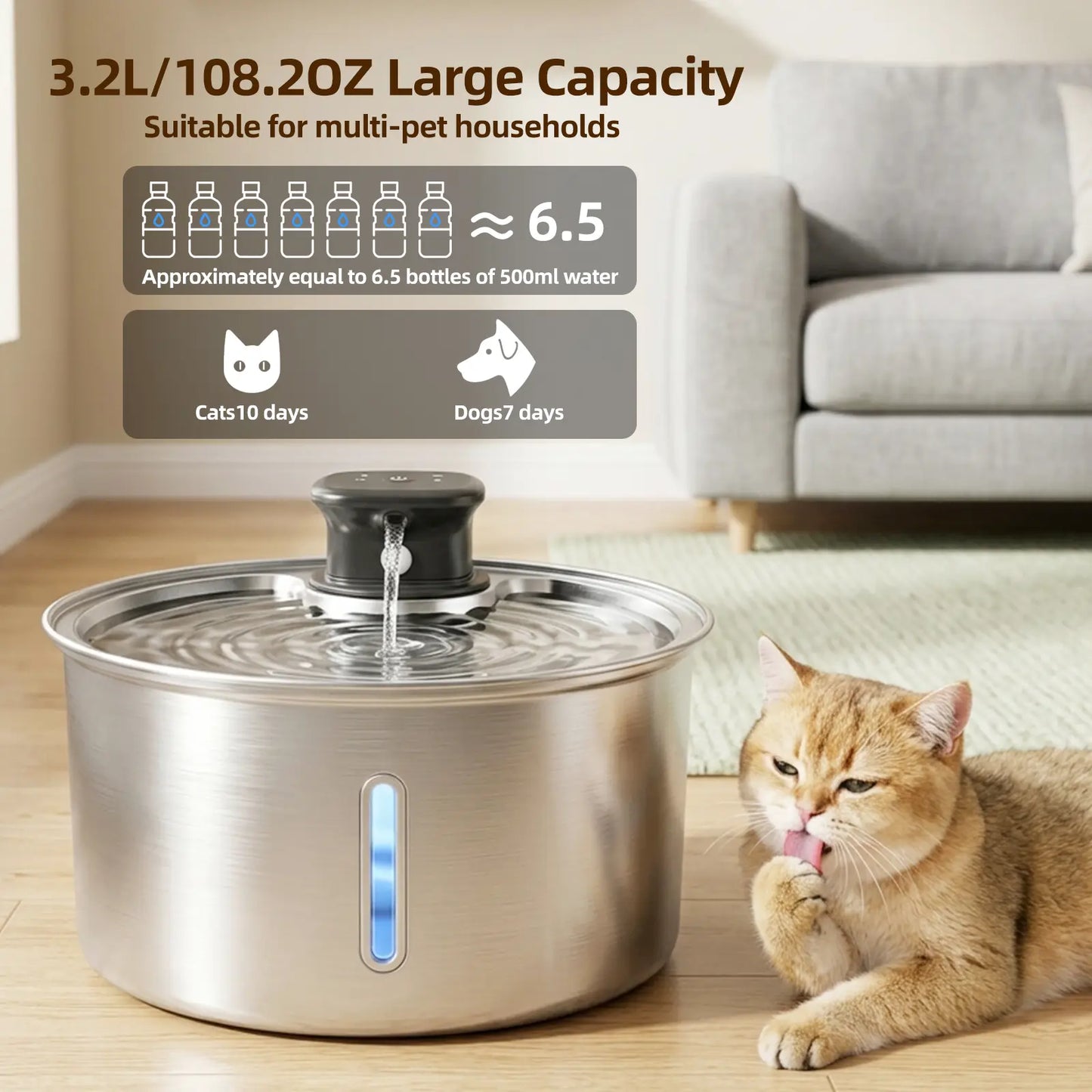 Stainless Steel Automatic Pet Water Fountain, 3.2L Wireless Dispenser with Sensor for Cats and Dogs