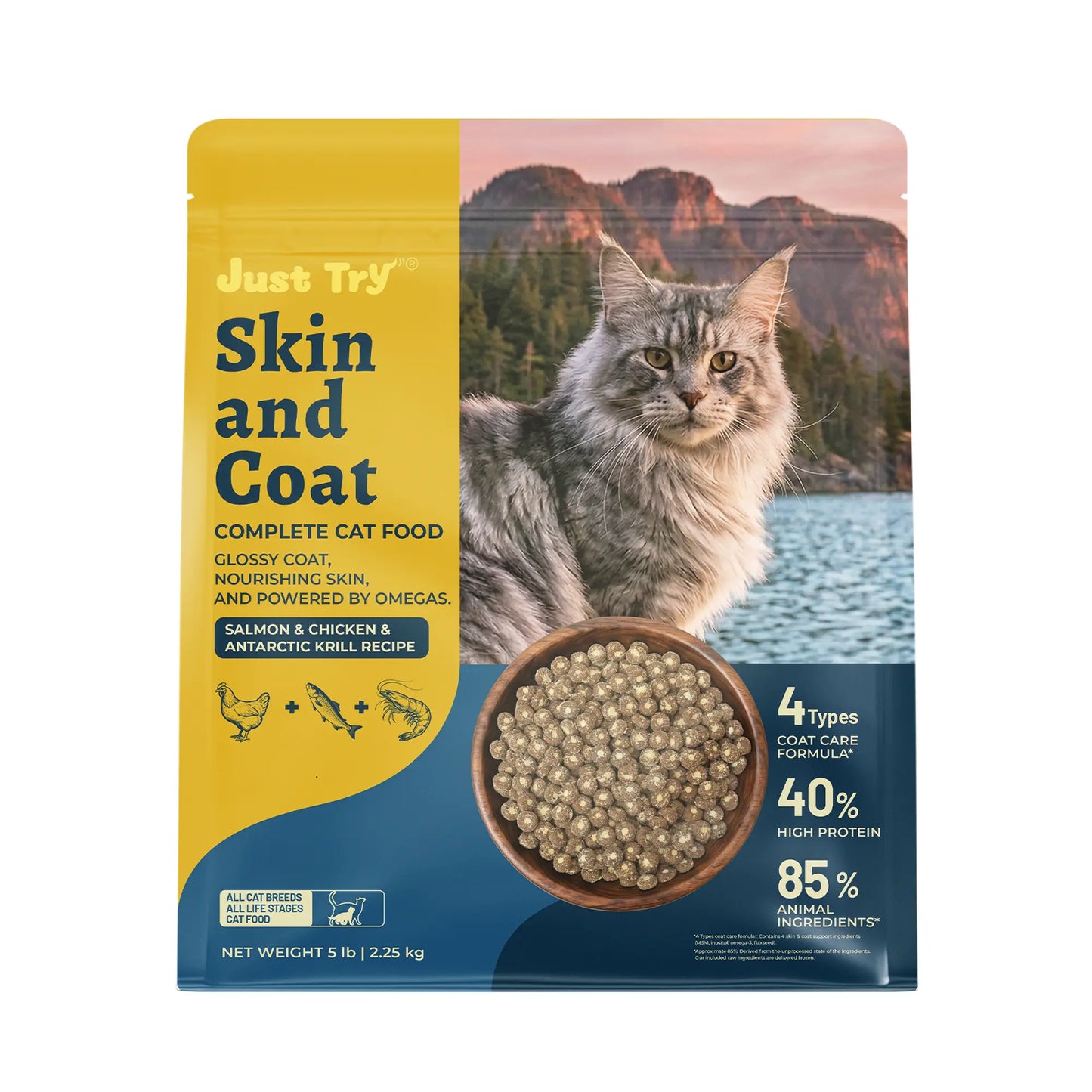 Grain-Free Dry Cat Food - 5 lb, 40% Protein from Salmon & Chicken, Hairball Aid with Cat Grass, Pumpkin, Taurine, Psyllium Husk & Cranberry for Digestive Health