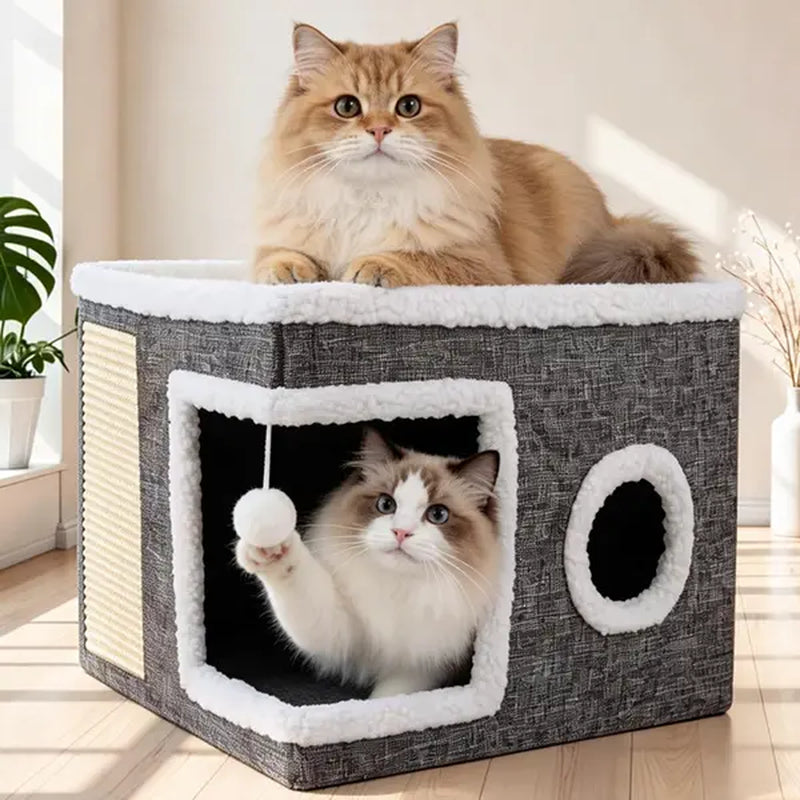 Large Indoor Cat Bed - Plush Foldable Cat Cave with Sisal Scratch Pad and Hanging Fluffy Ball, Dimensions: 16.5" x 16.5" x 14", Color: Grey