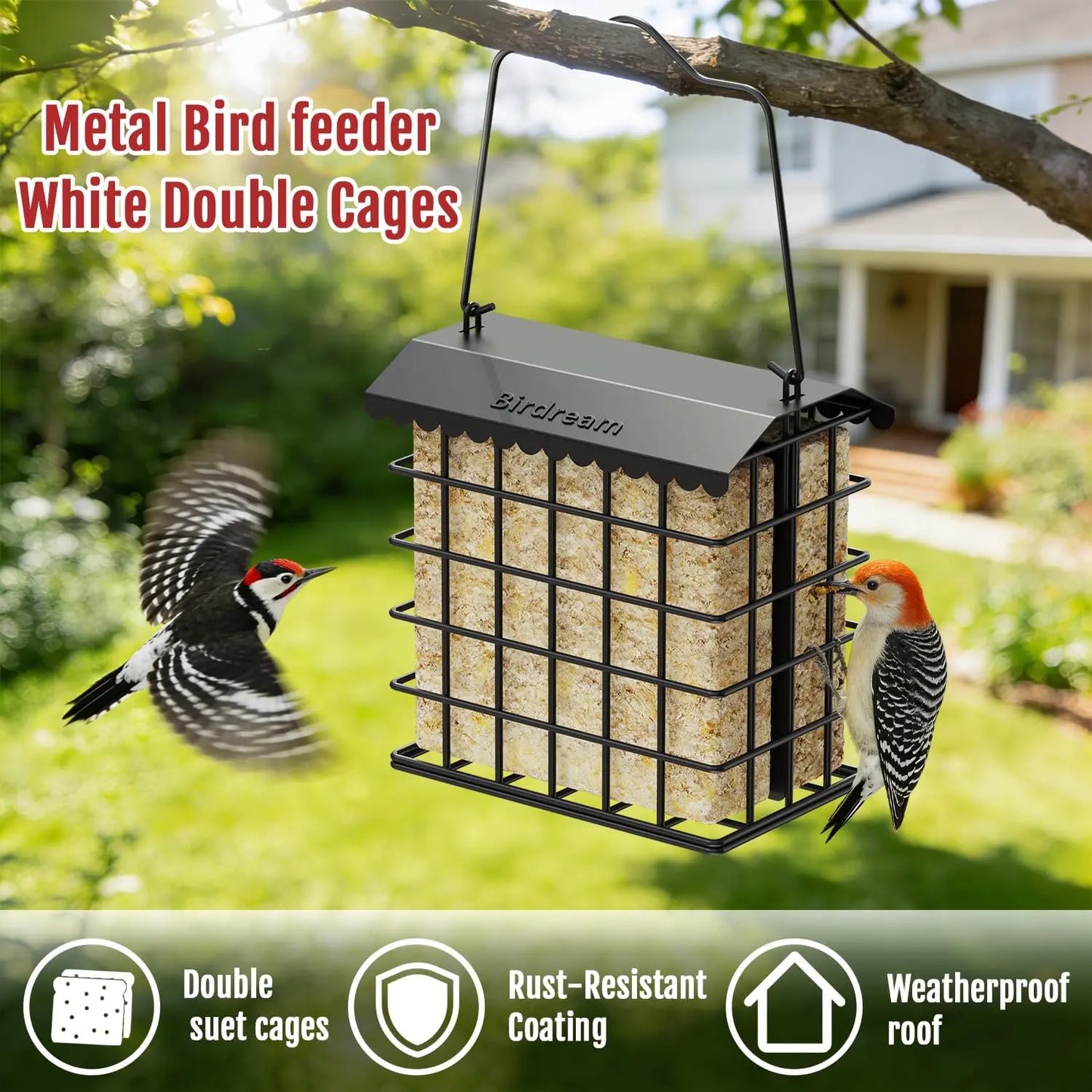 Birdream All-Metal Double Suet Bird Feeder for Outdoor Use, Accommodates 2 Standard Suet Cakes, Easy Refilling, Ideal for Woodpeckers, Chickadees, and Nuthatches