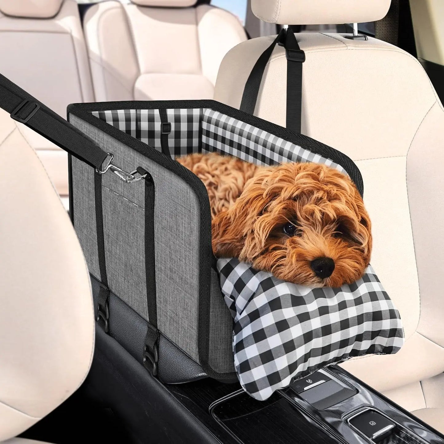 Premium Elevated Car Pet Booster Seat for Small Cats and Dogs (Up to 11 lbs) - Anti-Collapse Carrier with Plush Mat and Safety Tether, Plaid Design