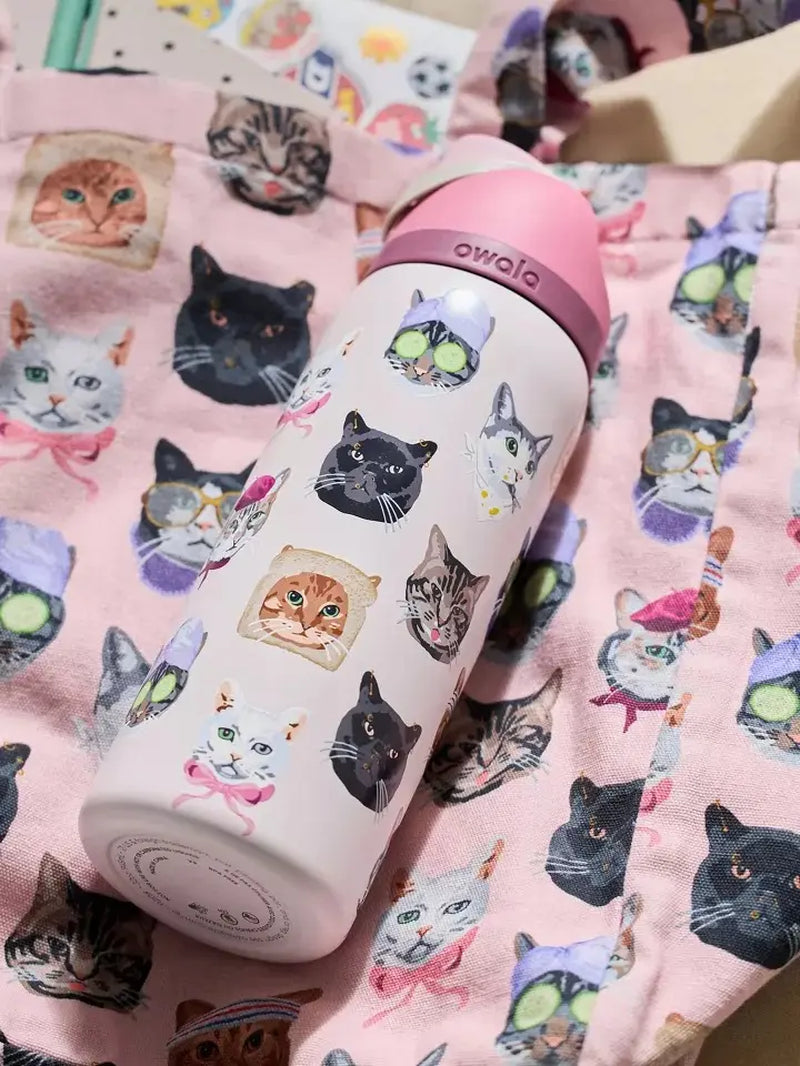 Owala 32oz Insulated Water Bottle in Pink Cat Collage Design with Matching Pink Lid