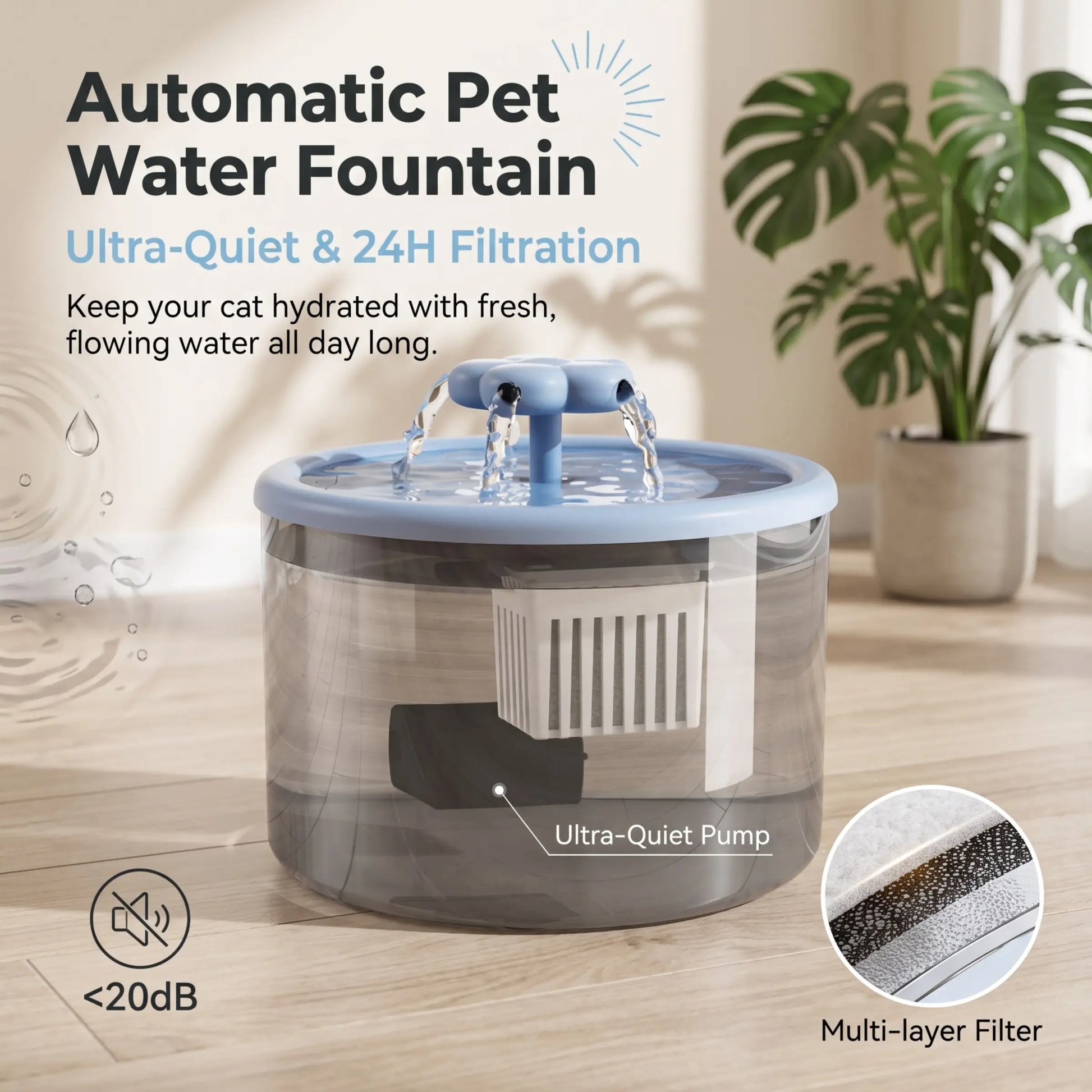 Cat Water Fountain Dispenser with Transparent Design, Quiet Operation, USB Power, and Recirculating Filter for Indoor Use