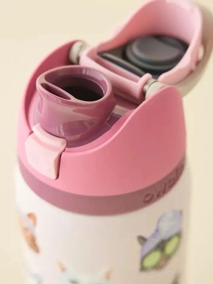 Owala 32oz Insulated Water Bottle in Pink Cat Collage Design with Matching Pink Lid