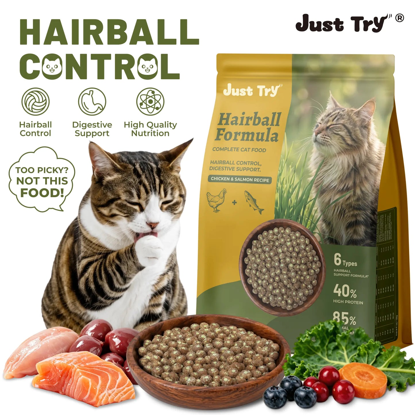 Grain-Free Dry Cat Food - 5 lb, 40% Protein from Salmon & Chicken, Hairball Aid with Cat Grass, Pumpkin, Taurine, Psyllium Husk & Cranberry for Digestive Health