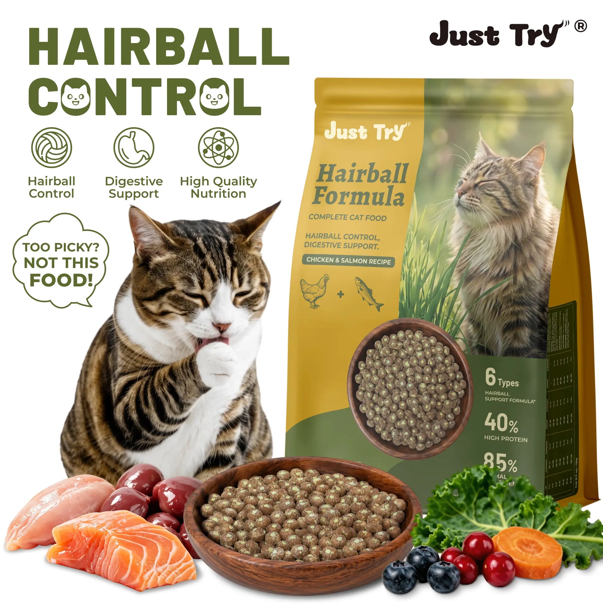 Grain-Free Dry Cat Food - 5 lb, 40% Protein from Salmon & Chicken, Hairball Aid with Cat Grass, Pumpkin, Taurine, Psyllium Husk & Cranberry for Digestive Health
