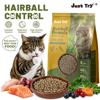 Grain-Free Dry Cat Food - 5 lb, 40% Protein from Salmon & Chicken, Hairball Aid with Cat Grass, Pumpkin, Taurine, Psyllium Husk & Cranberry for Digestive Health