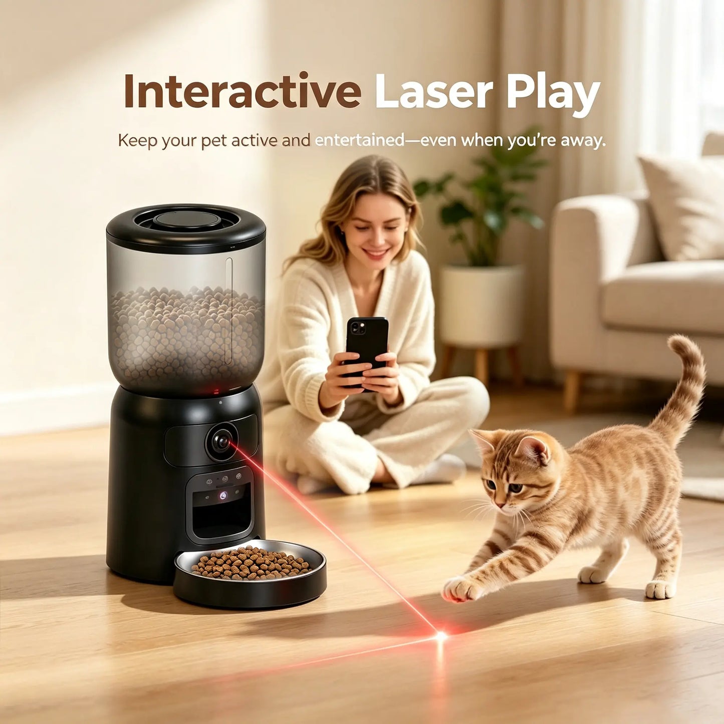 Taleboss Smart Automatic Cat Feeder with Camera, 5L Capacity, Laser Toy, 1080P HD Video, App Control, Night Vision, Dual Band Wifi, and Two-Way Audio