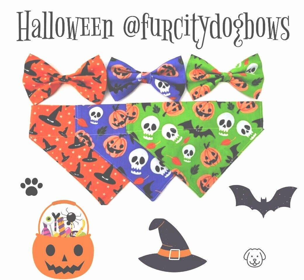 Supporting Charity Halloween Dog Bow & Bandana Handmade in UK. Multi Sizes