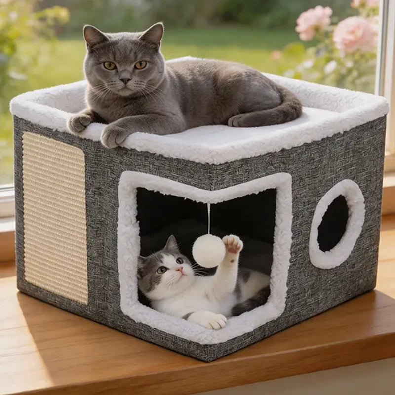 Large Indoor Cat Bed - Plush Foldable Cat Cave with Sisal Scratch Pad and Hanging Fluffy Ball, Dimensions: 16.5" x 16.5" x 14", Color: Grey