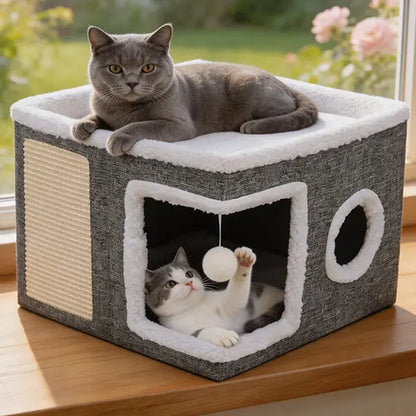 Large Indoor Cat Bed - Plush Foldable Cat Cave with Sisal Scratch Pad and Hanging Fluffy Ball, Dimensions: 16.5" x 16.5" x 14", Color: Grey