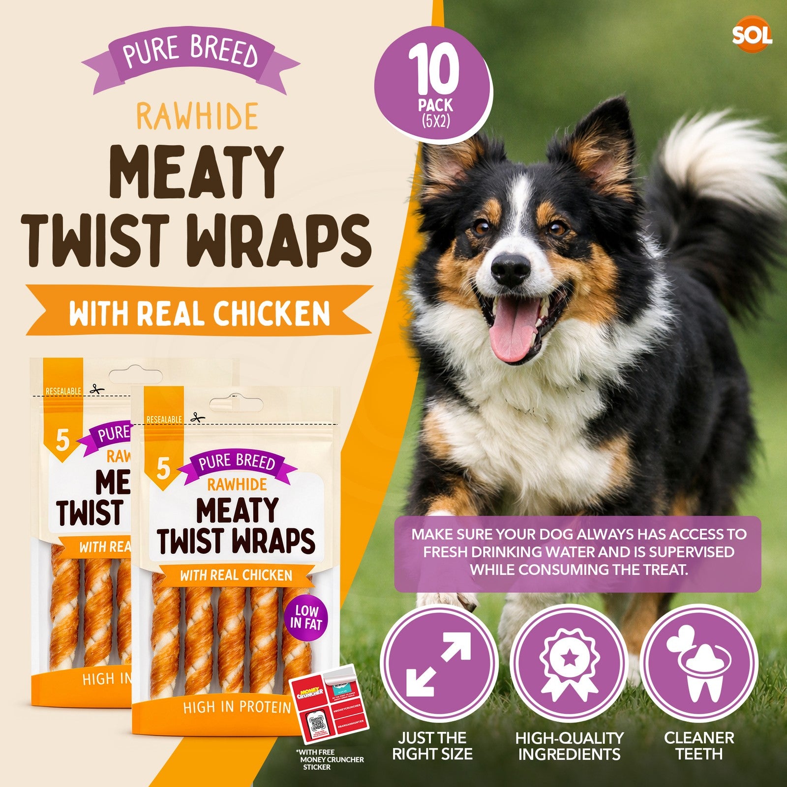 10Pk Dog Chews Treats Rawhide Twists Sticks Wrapped in Chicken Meat Healthy Food