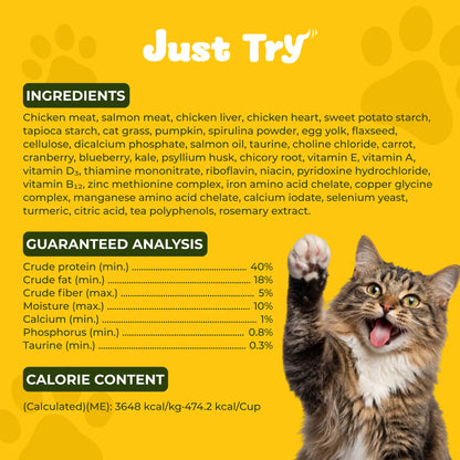 Grain-Free Dry Cat Food - 5 lb, 40% Protein from Salmon & Chicken, Hairball Aid with Cat Grass, Pumpkin, Taurine, Psyllium Husk & Cranberry for Digestive Health