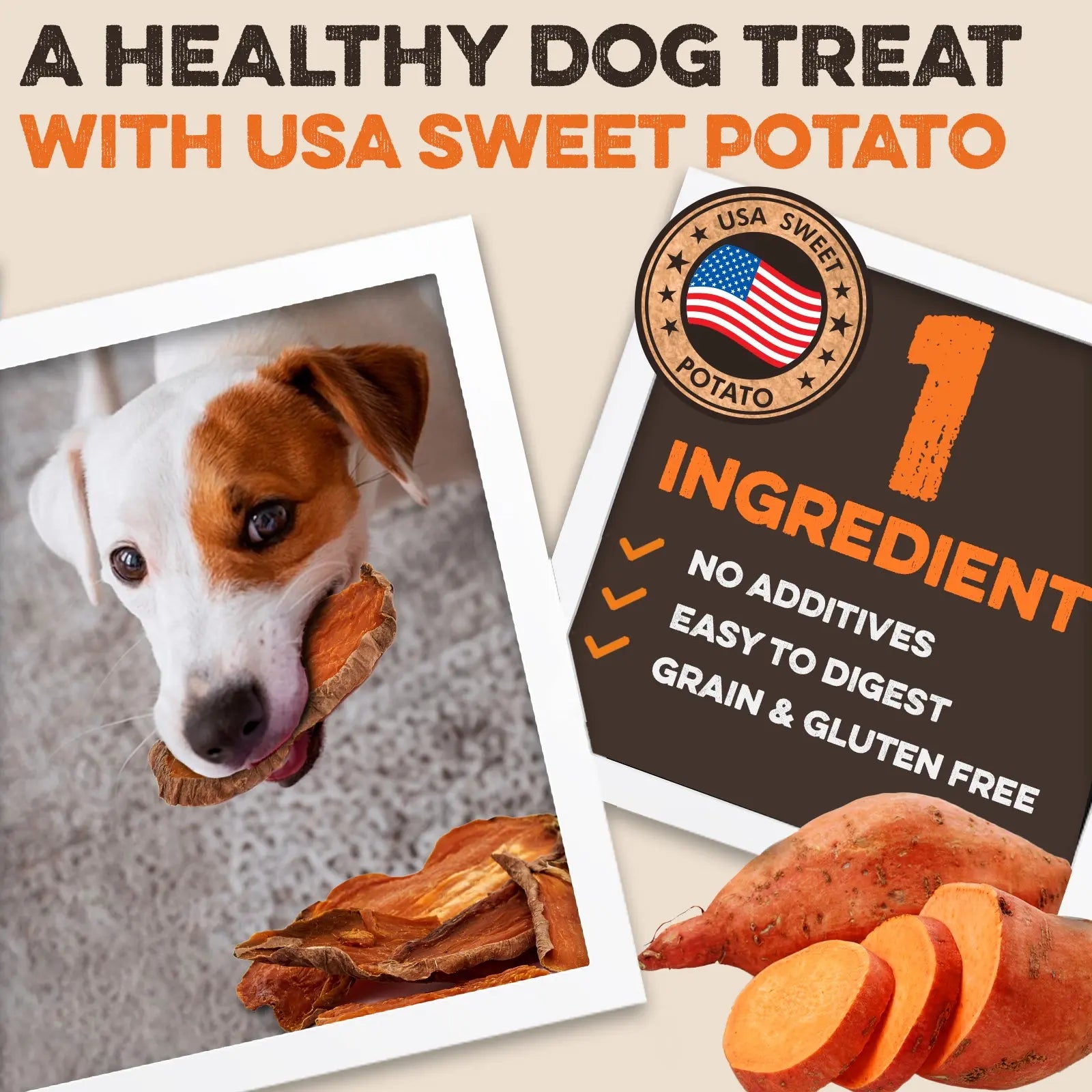 Dehydrated Sweet Potato Dog Treats - USA Grown, Single Ingredient, Thick Cut Chews, Grain & Gluten Free, High Fiber Healthy Training Treats for Puppies and Senior Dogs, Ideal for Picky Eaters and Sensitive Stomachs