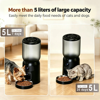 Taleboss Smart Automatic Cat Feeder with Camera, 5L Capacity, Laser Toy, 1080P HD Video, App Control, Night Vision, Dual Band Wifi, and Two-Way Audio