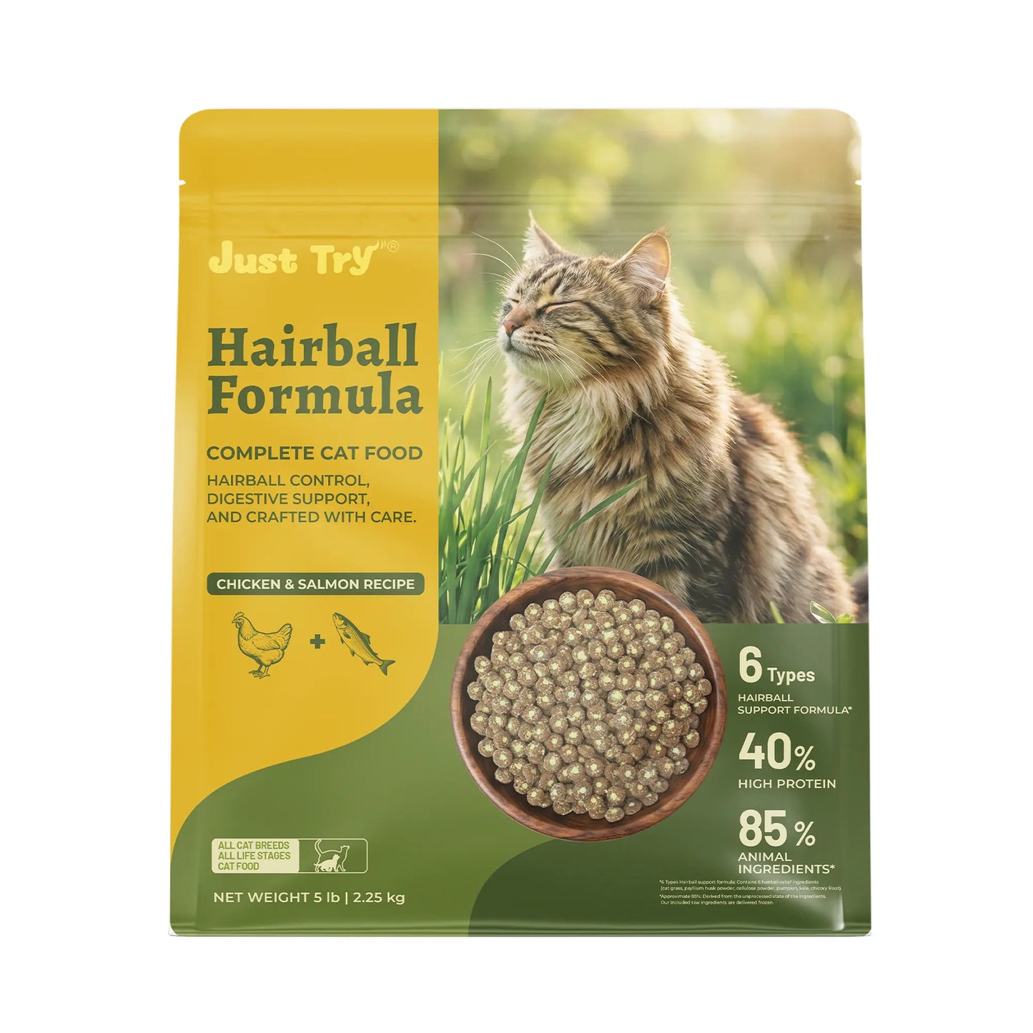 Grain-Free Dry Cat Food - 5 lb, 40% Protein from Salmon & Chicken, Hairball Aid with Cat Grass, Pumpkin, Taurine, Psyllium Husk & Cranberry for Digestive Health