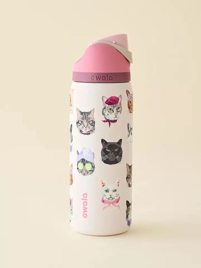 Owala 32oz Insulated Water Bottle in Pink Cat Collage Design with Matching Pink Lid