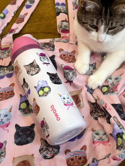 Owala 32oz Insulated Water Bottle in Pink Cat Collage Design with Matching Pink Lid