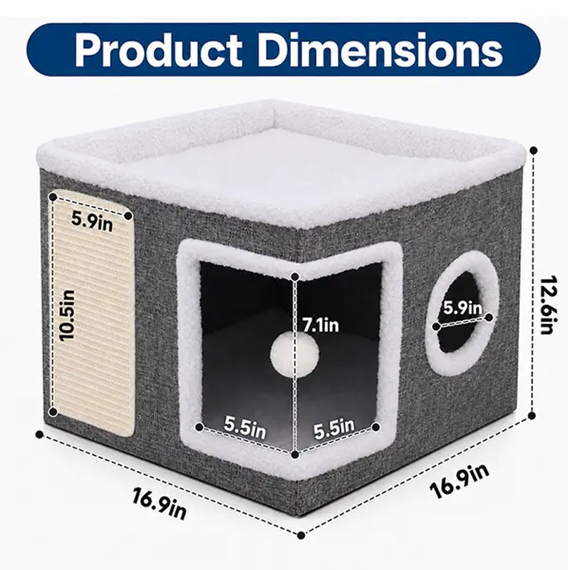 Large Indoor Cat Bed - Plush Foldable Cat Cave with Sisal Scratch Pad and Hanging Fluffy Ball, Dimensions: 16.5" x 16.5" x 14", Color: Grey