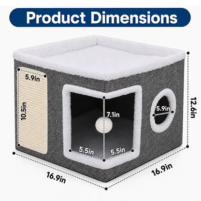 Large Indoor Cat Bed - Plush Foldable Cat Cave with Sisal Scratch Pad and Hanging Fluffy Ball, Dimensions: 16.5" x 16.5" x 14", Color: Grey