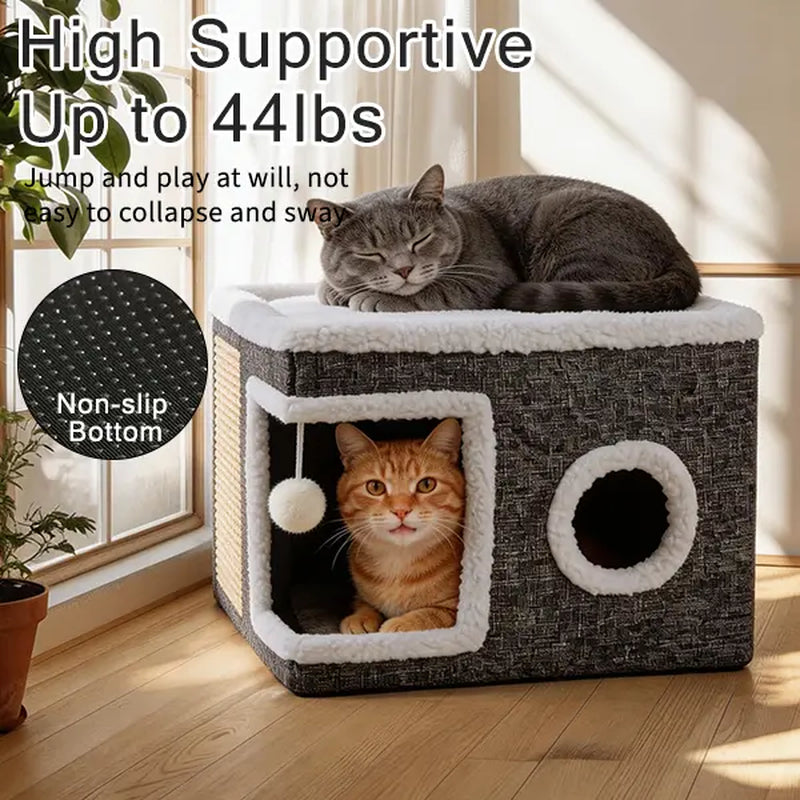 Large Indoor Cat Bed - Plush Foldable Cat Cave with Sisal Scratch Pad and Hanging Fluffy Ball, Dimensions: 16.5" x 16.5" x 14", Color: Grey