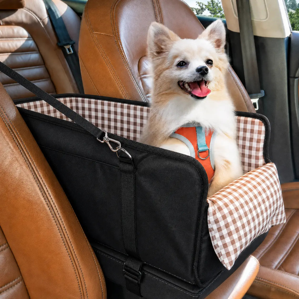 Premium Elevated Car Pet Booster Seat for Small Cats and Dogs (Up to 11 lbs) - Anti-Collapse Carrier with Plush Mat and Safety Tether, Plaid Design