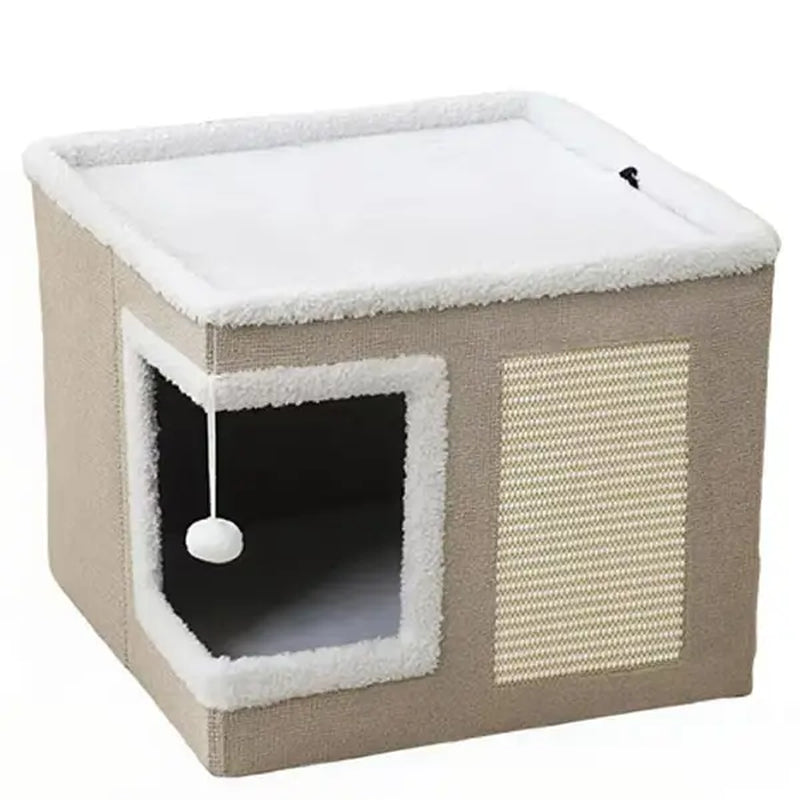 Large Indoor Cat Bed - Plush Foldable Cat Cave with Sisal Scratch Pad and Hanging Fluffy Ball, Dimensions: 16.5" x 16.5" x 14", Color: Grey