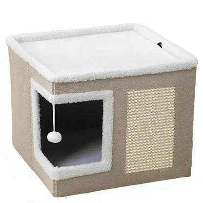 Large Indoor Cat Bed - Plush Foldable Cat Cave with Sisal Scratch Pad and Hanging Fluffy Ball, Dimensions: 16.5" x 16.5" x 14", Color: Grey