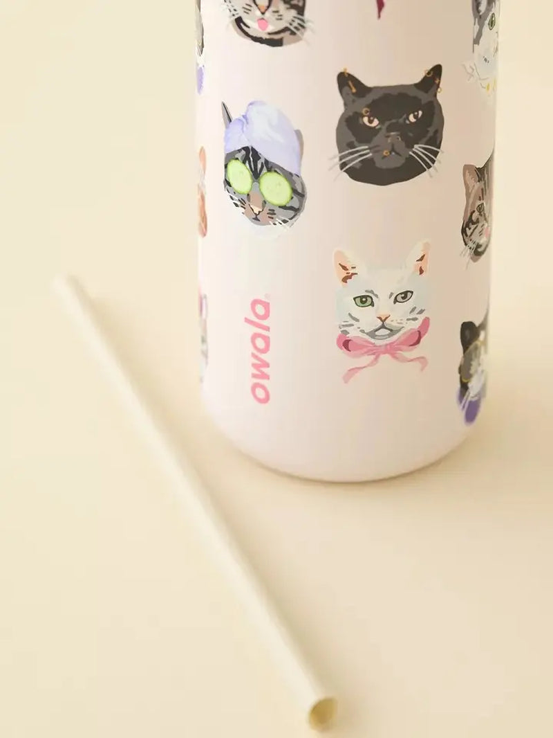 Owala 32oz Insulated Water Bottle in Pink Cat Collage Design with Matching Pink Lid