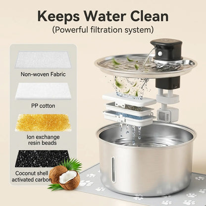 Stainless Steel Automatic Pet Water Fountain, 3.2L Wireless Dispenser with Sensor for Cats and Dogs