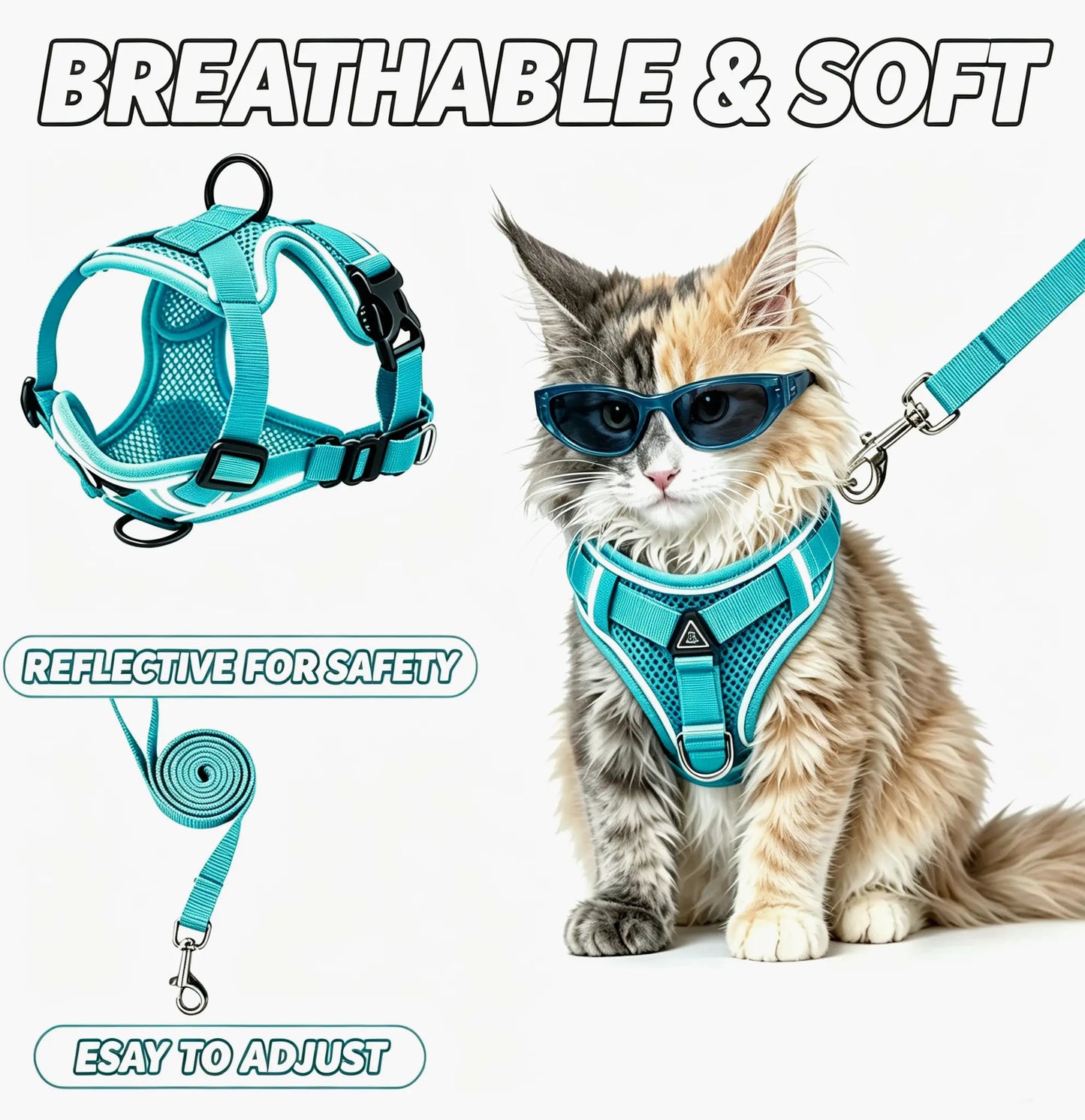 Adjustable Escape-Proof Cat Harness and Leash Set with Reflective Strip and Soft Mesh Vest for Safe and Comfortable Walking, Includes Summer Version