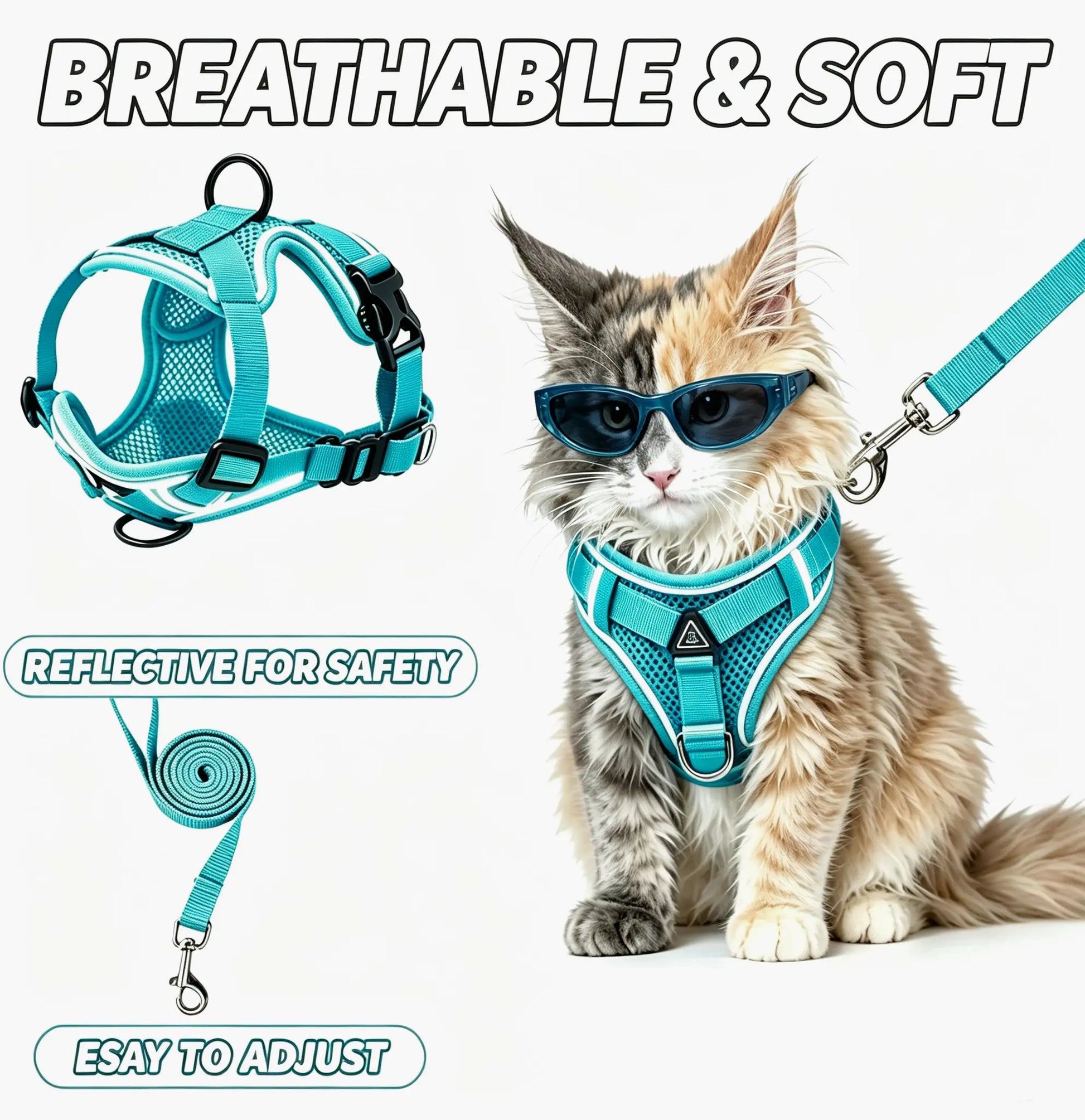 Adjustable Escape-Proof Cat Harness and Leash Set with Reflective Strip and Soft Mesh Vest for Safe and Comfortable Walking, Includes Summer Version