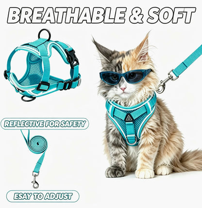 Adjustable Escape-Proof Cat Harness and Leash Set with Reflective Strip and Soft Mesh Vest for Safe and Comfortable Walking, Includes Summer Version