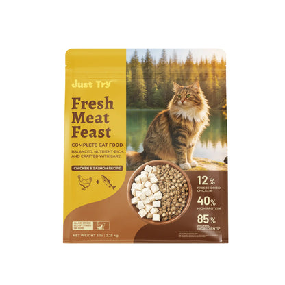 Grain-Free Dry Cat Food - 5 lb, 40% Protein from Salmon & Chicken, Hairball Aid with Cat Grass, Pumpkin, Taurine, Psyllium Husk & Cranberry for Digestive Health