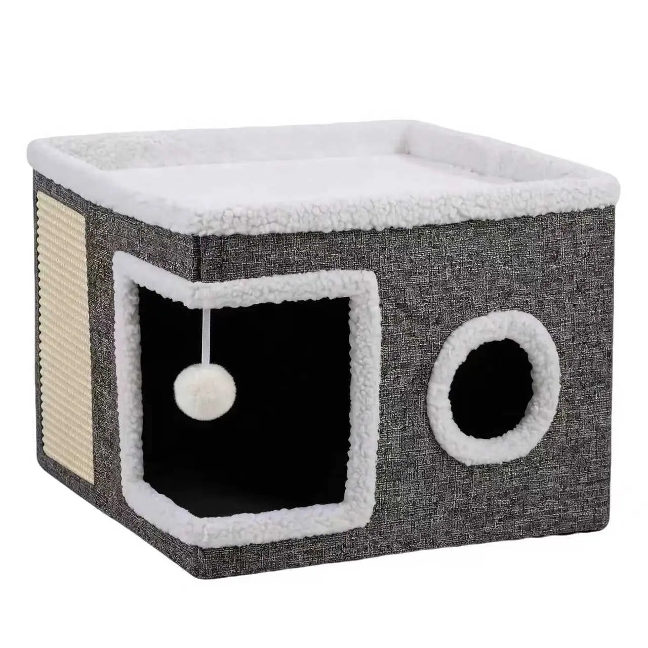 Large Indoor Cat Bed - Plush Foldable Cat Cave with Sisal Scratch Pad and Hanging Fluffy Ball, Dimensions: 16.5" x 16.5" x 14", Color: Grey