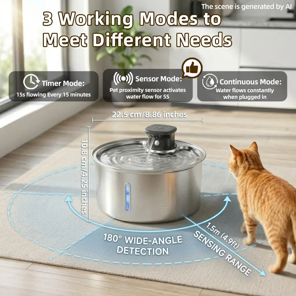 Stainless Steel Automatic Pet Water Fountain, 3.2L Wireless Dispenser with Sensor for Cats and Dogs