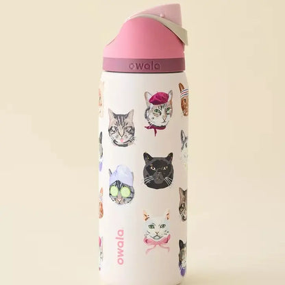 Owala 32oz Insulated Water Bottle in Pink Cat Collage Design with Matching Pink Lid