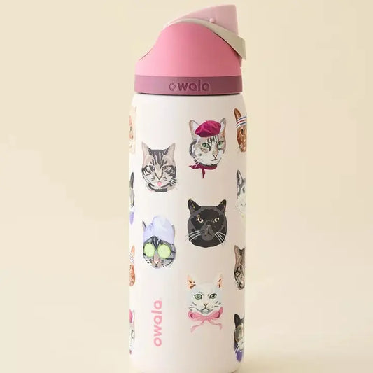 Owala 32oz Insulated Water Bottle in Pink Cat Collage Design with Matching Pink Lid