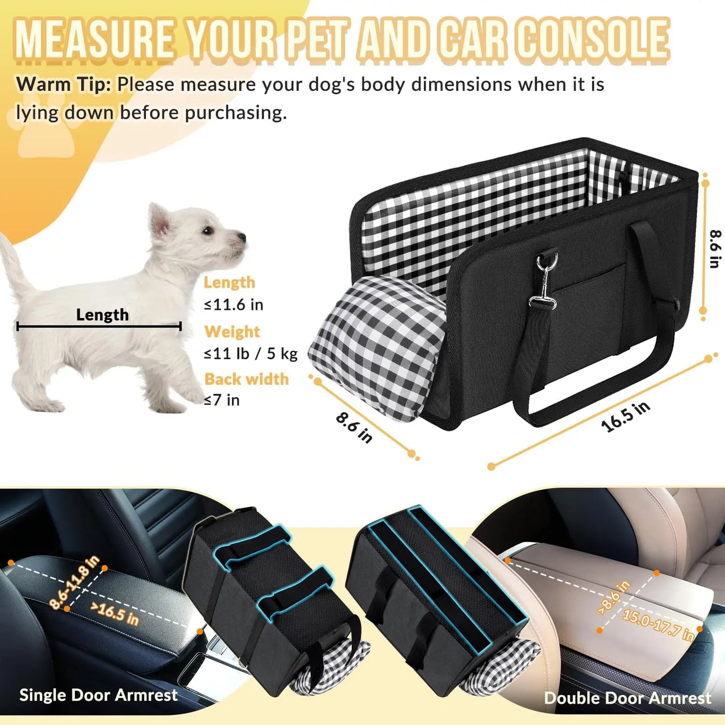 Premium Elevated Car Pet Booster Seat for Small Cats and Dogs (Up to 11 lbs) - Anti-Collapse Carrier with Plush Mat and Safety Tether, Plaid Design
