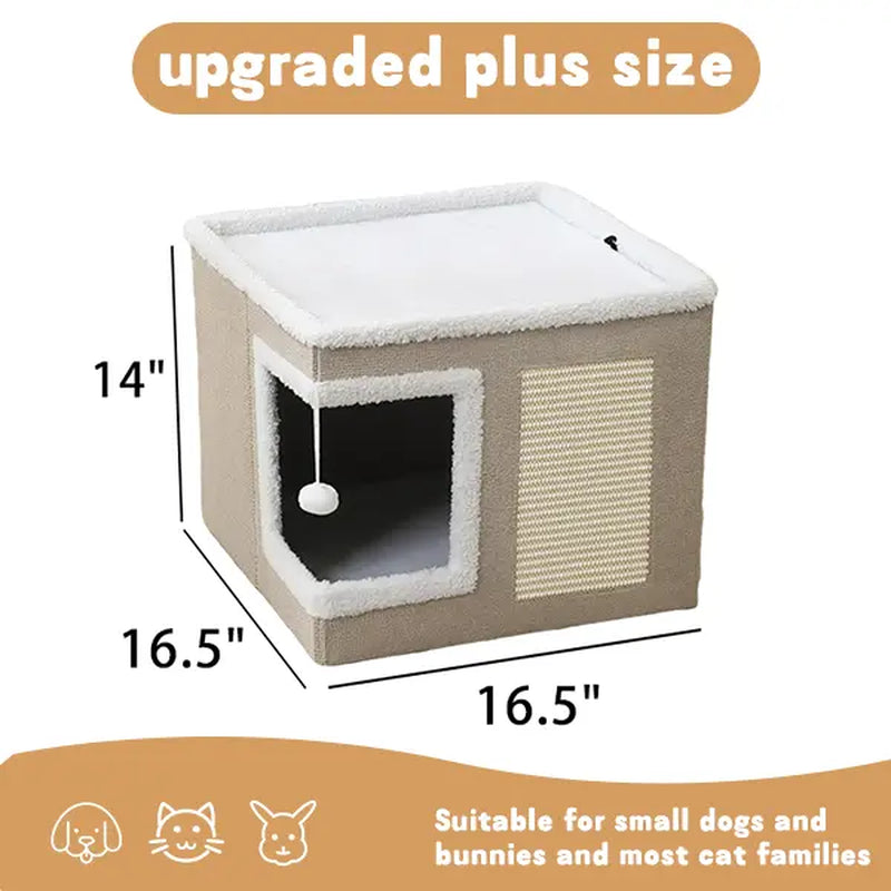 Large Indoor Cat Bed - Plush Foldable Cat Cave with Sisal Scratch Pad and Hanging Fluffy Ball, Dimensions: 16.5" x 16.5" x 14", Color: Grey