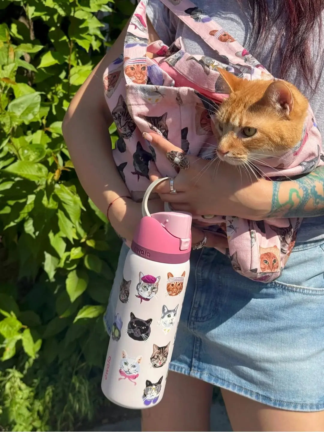 Owala 32oz Insulated Water Bottle in Pink Cat Collage Design with Matching Pink Lid